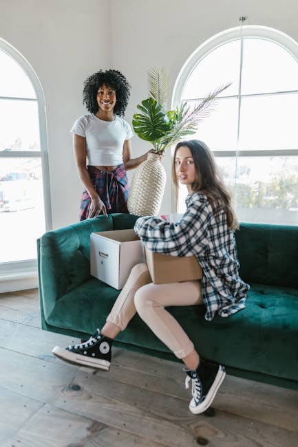A young woman with curly hair, dressed in a casual grey t-shirt, blue jeans, and white sneakers, is exiting a brick building carrying a cardboard box in her arms. Behind her, a staircase with a black 